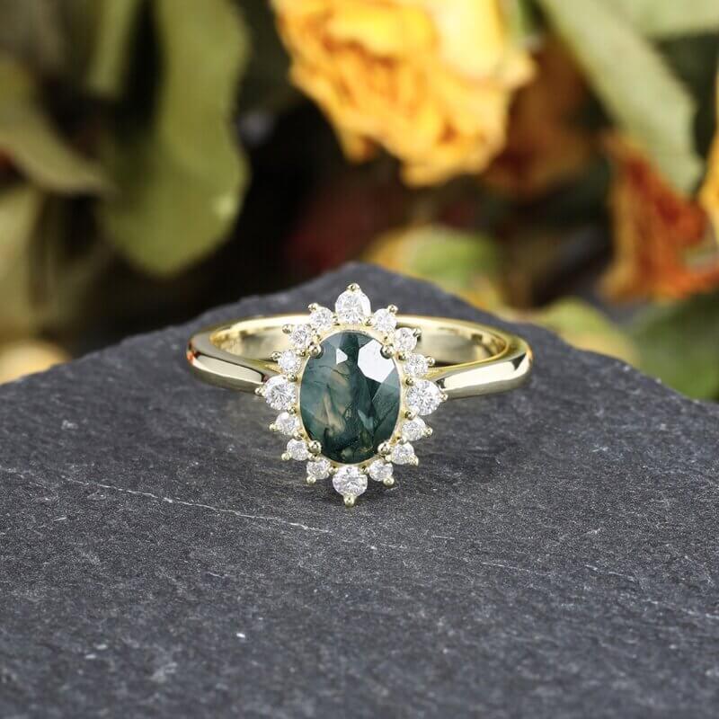 Green Moss Agate Ring Oval Cut