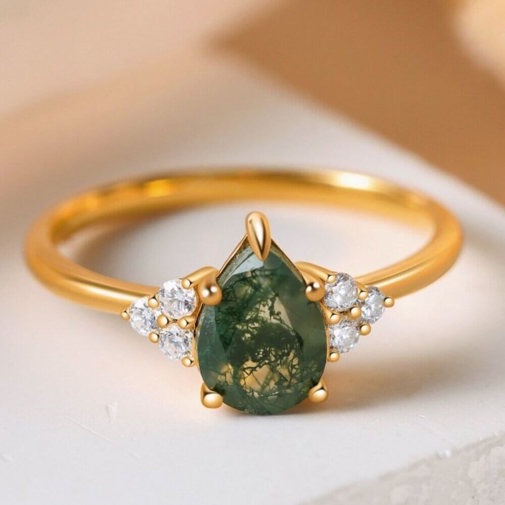 Green Moss Agate Ring Pear Shaped with Moissanite Sterling Silver