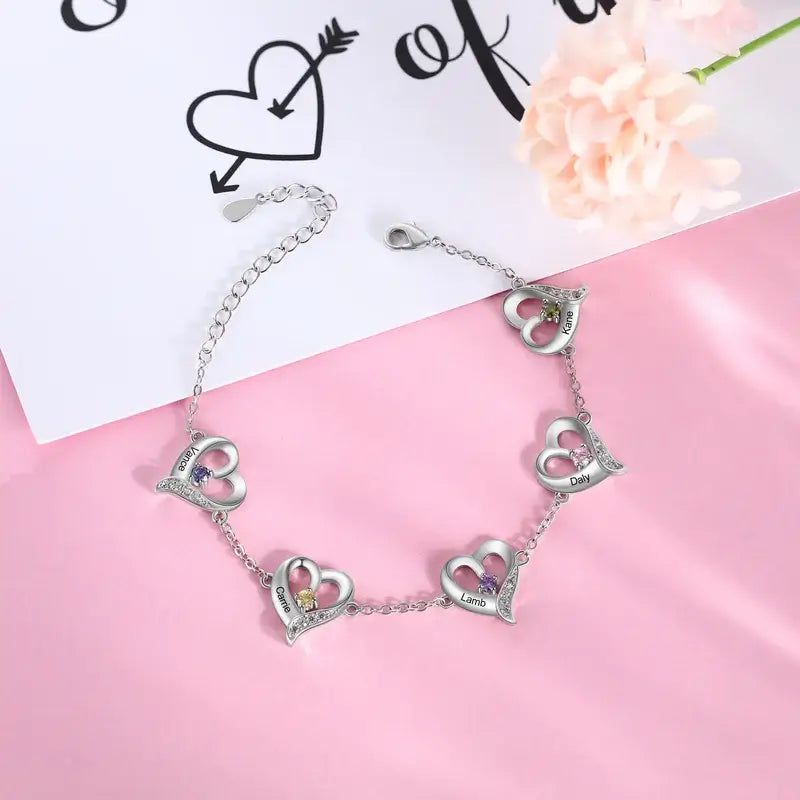 Heart Charm Personalised Birthstone Bracelet with Engraved Name
