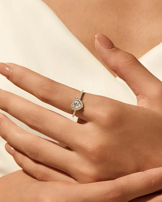 Heart halo moissanite promise ring in 925 sterling silver with 0.5 ct heart cut centre