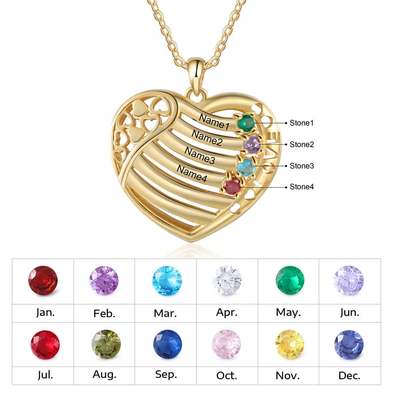 Heart Personalised Necklace for Mum | Birthstone Necklace for Mum | Engraved Name Necklace Yellow Gold