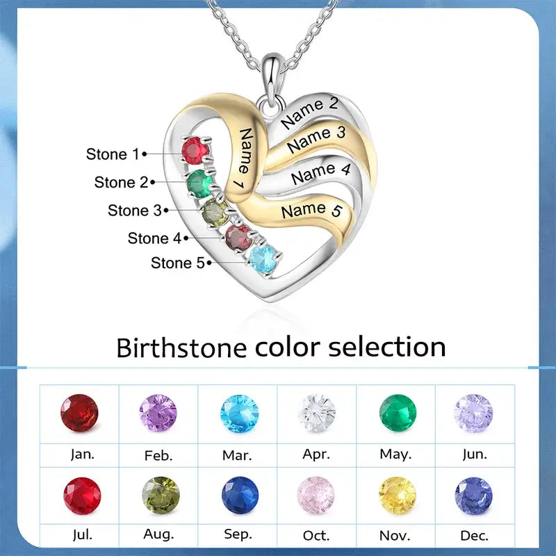 Heart Personalised Necklace for Mum | Mum Necklace with Names | Family Necklace for Mum with Birthstones | 2 to 5 Birthstone Necklaces