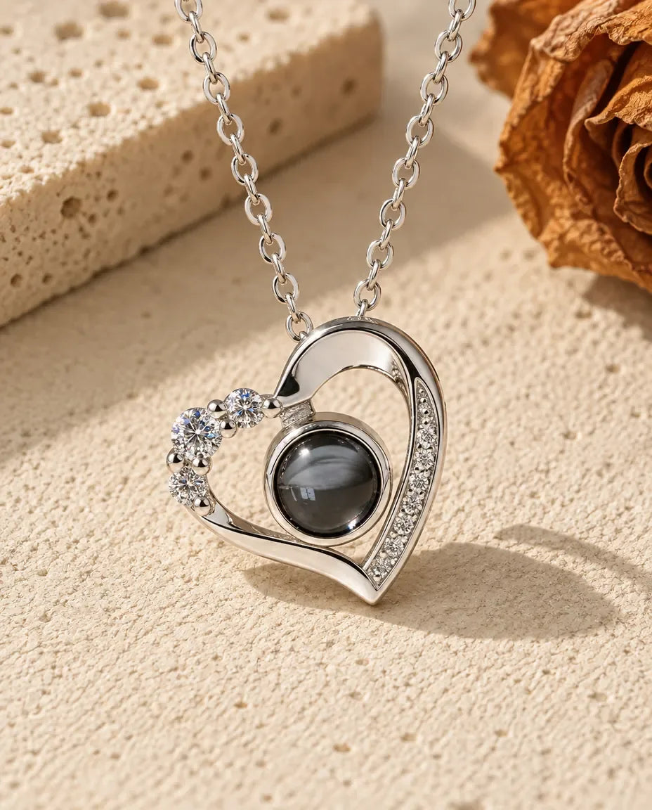 Heart Photo Projection Necklace - front view in silver