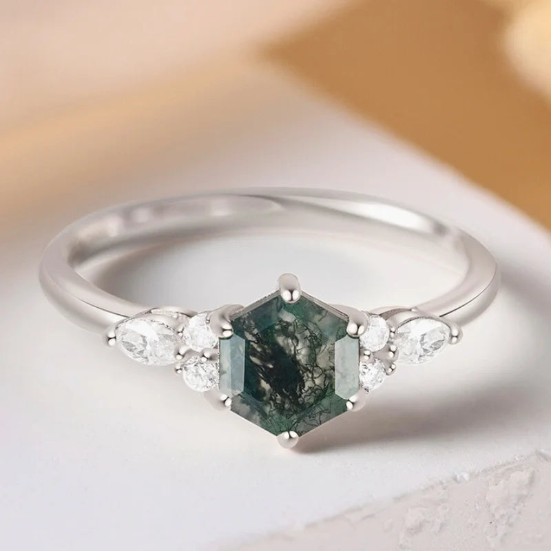 Hexagon Cut Natural Moss Agate Engagement Ring with Moissanite
