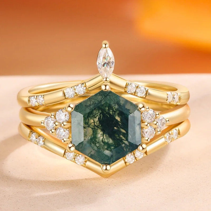 Hexagon Shaped Moss Agate Engagement Ring Set