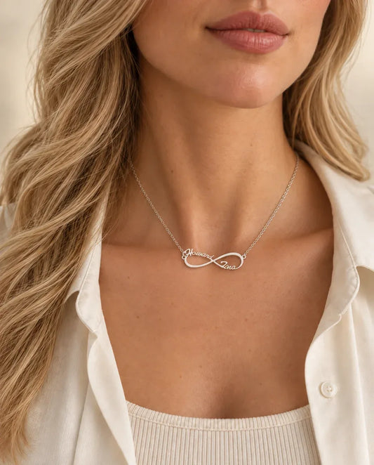 Infinity Two Names Necklace - worn on a model