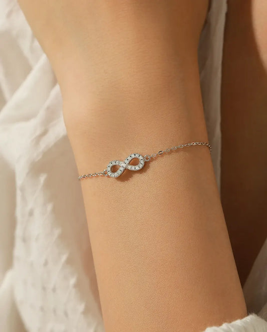 Infinity moissanite bracelet, D colour pave infinity symbol, 925 sterling silver