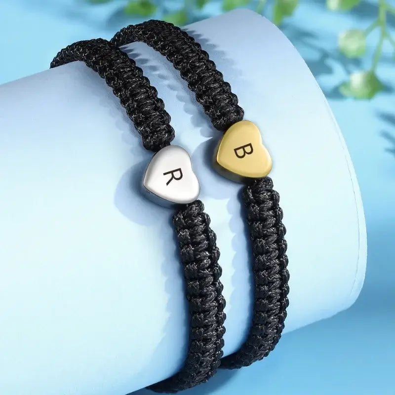 Matching Bracelets for Couples | Heart Charm Initial Couple Bracelets | His and Her Rope Initial Bracelets