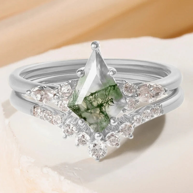 Kite Shaped Moss Agate Engagement Ring Set with Moissanite