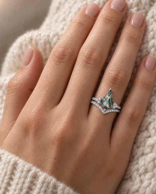 Kite-Cut Moss Agate Bridal Set - worn on the hand