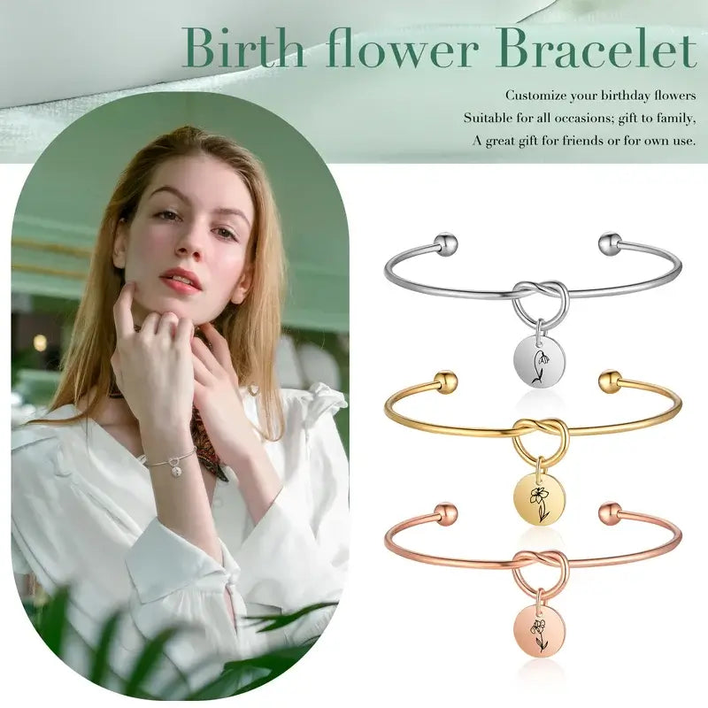 Knotted Heart Birth Flower Bangle, Birth Flower Bracelet Silver/Gold/Rose Gold, Birth Flower Jewellery for Her