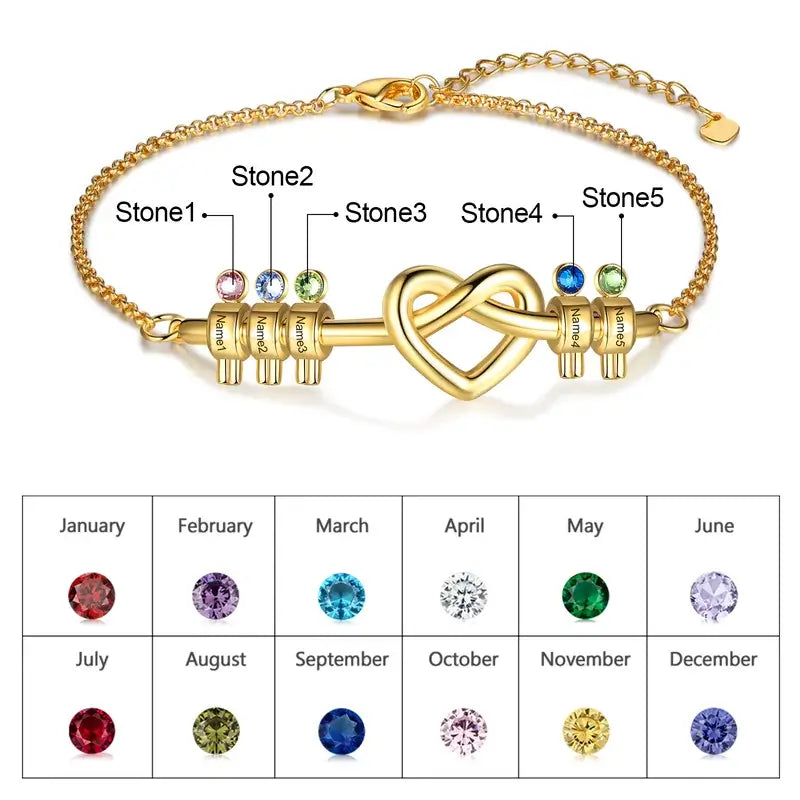 Knotted Heart Engraved Name Personalised Birthstone Bracelet