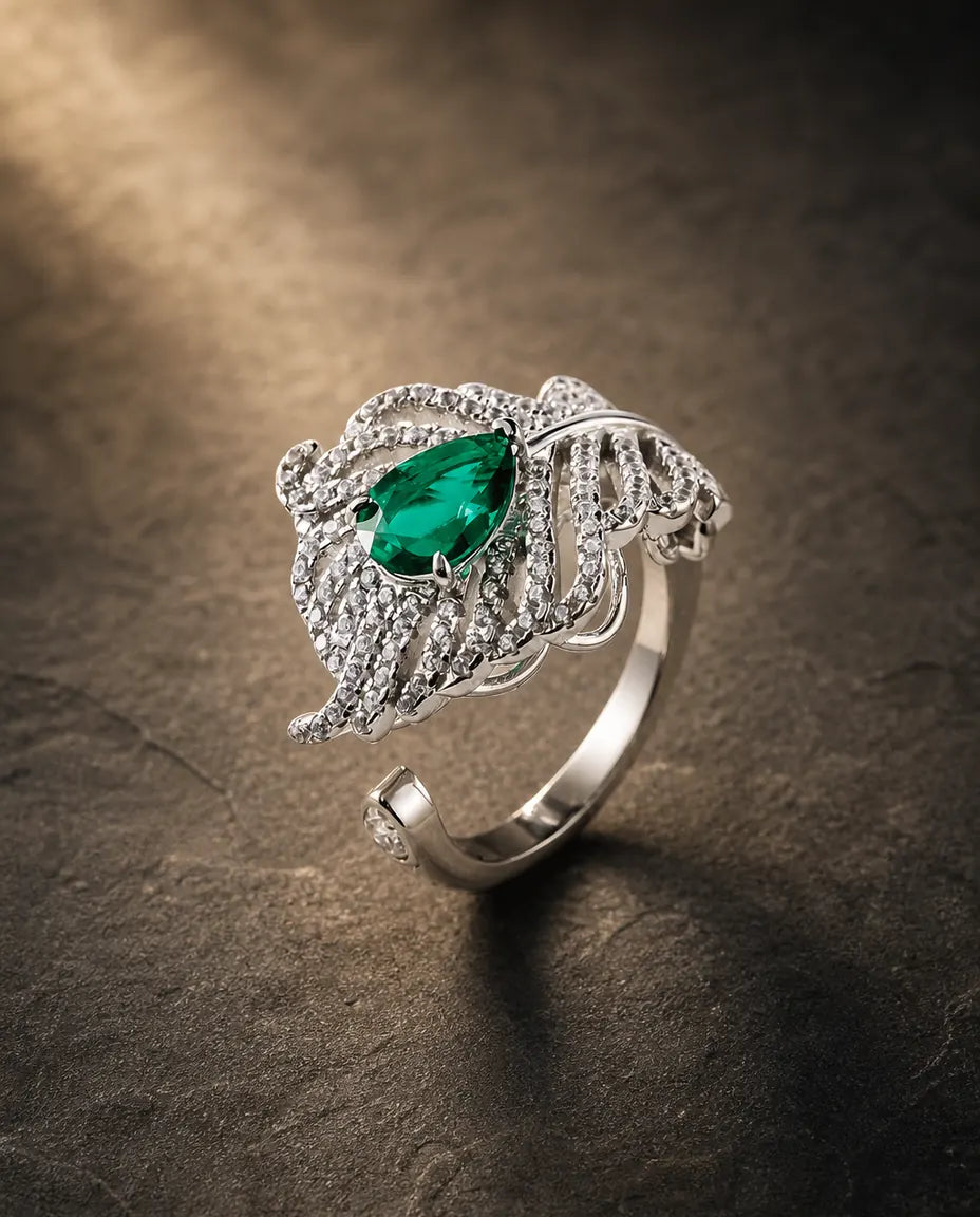 Lab emerald gemstone multi-angle ring in 925 sterling silver