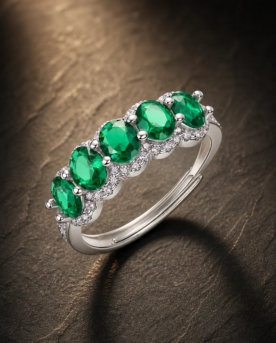 Lab emerald gemstone multi-angle ring in 925 sterling silver