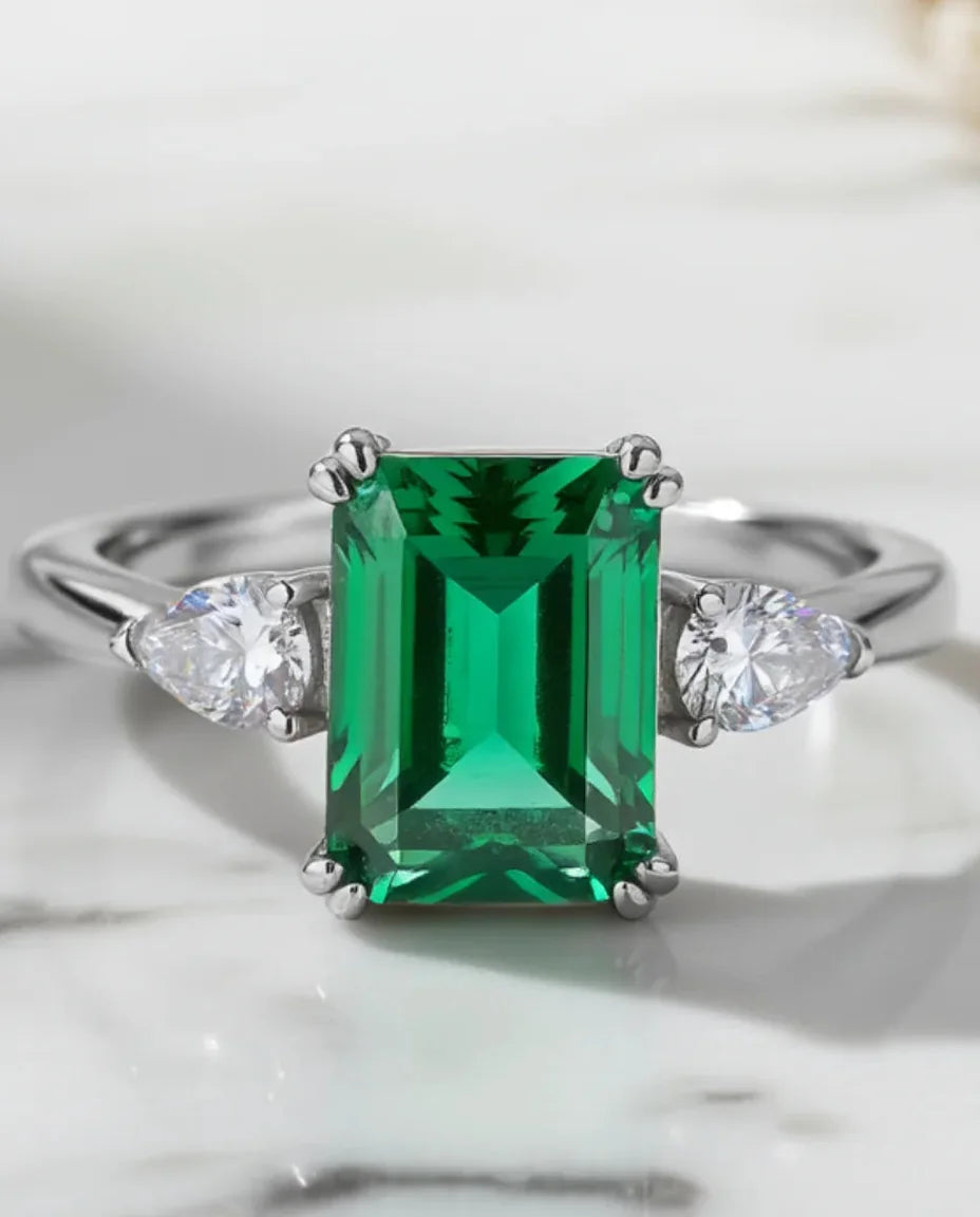 Lab emerald octagon cut ring in 925 sterling silver