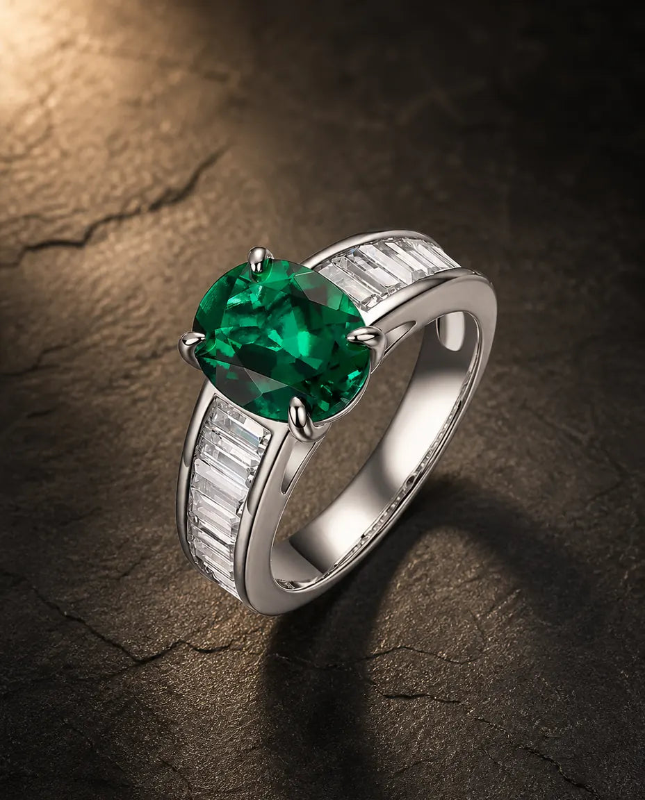 Lab emerald gemstone ring in 925 sterling silver