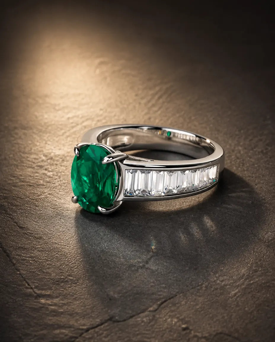 Lab emerald gemstone multi-angle ring in 925 sterling silver