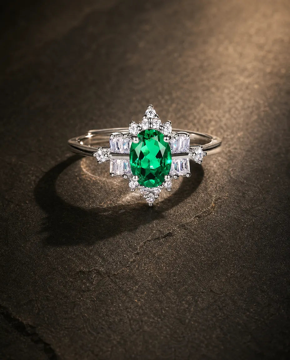 Lab emerald gemstone ring in 925 sterling silver