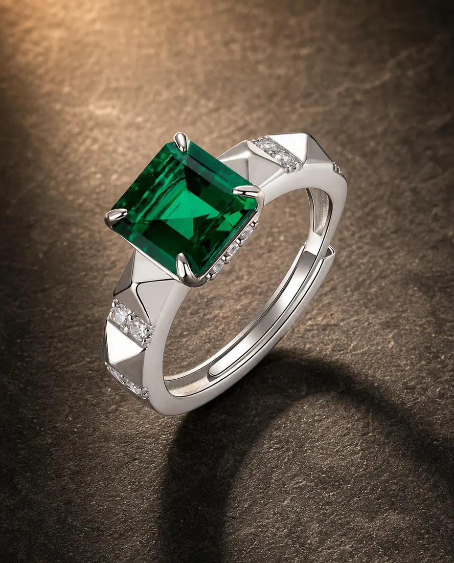 Lab emerald gemstone multi-angle ring in 925 sterling silver