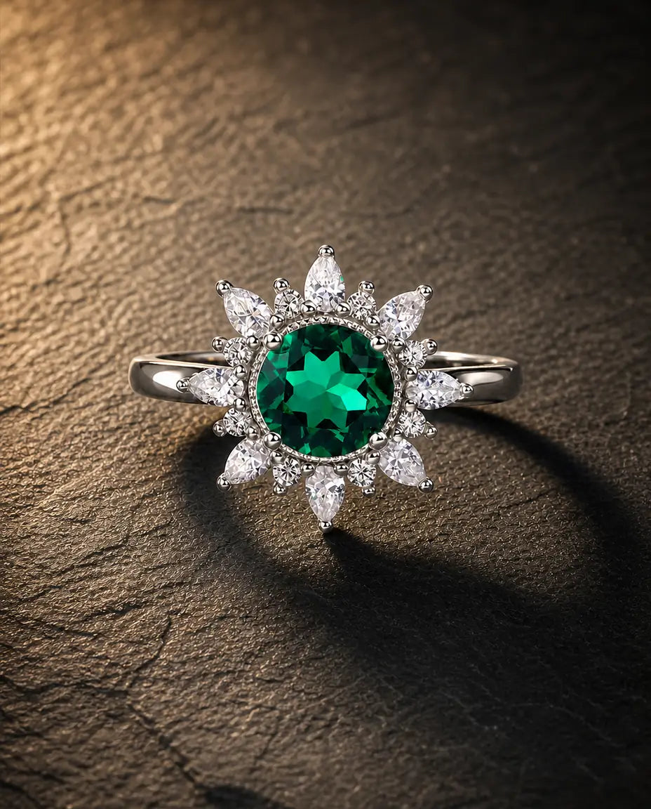Lab emerald gemstone ring in 925 sterling silver