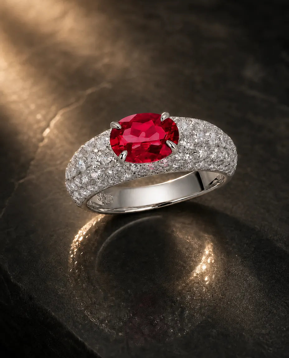 Lab-created red ruby oval ring in 925 sterling silver with white pave band