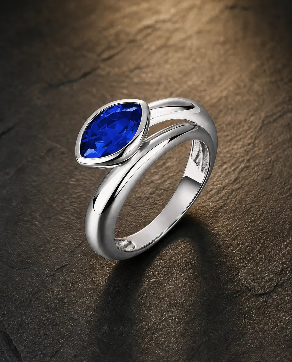 Lab sapphire east-west marquise bezel statement ring in 925 sterling silver
