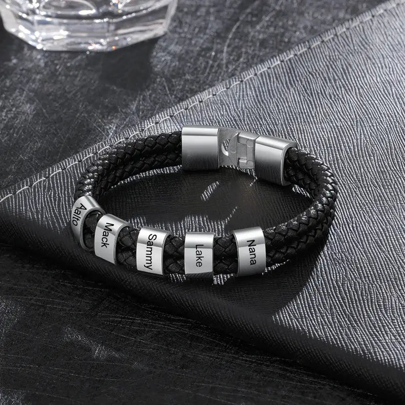 Personalised Men's Bracelet - Leather Engraved Bracelet with 1-8 Name Beads