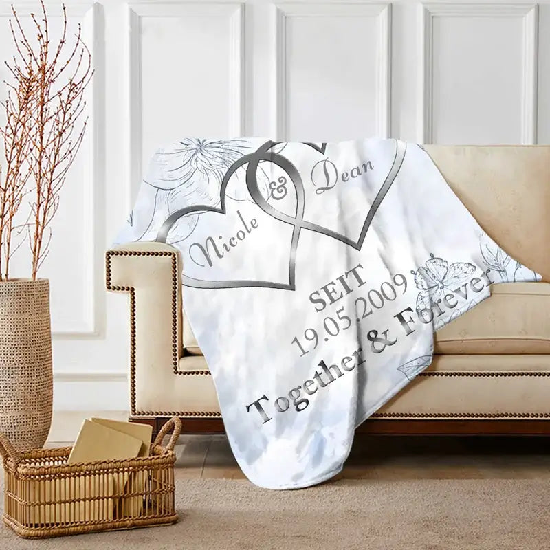 Personalised Name Blanket | Memory Blanket with Date | Light Blue Personalised Blanket with Name | Blanket for Couple