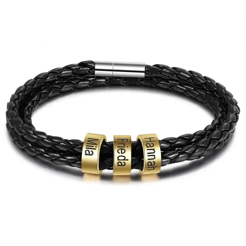 Men's Personalised Leather Bracelet with 2-5 Engraved Gold Beads