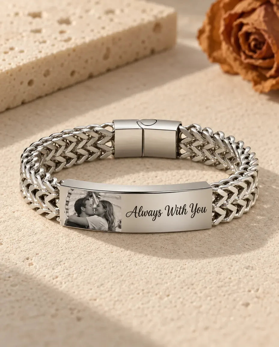 Men's Personalised Photo Bracelet - front view in silver