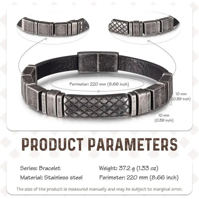 Men's Vintage Engraved Name Personalised Leather Bracelet