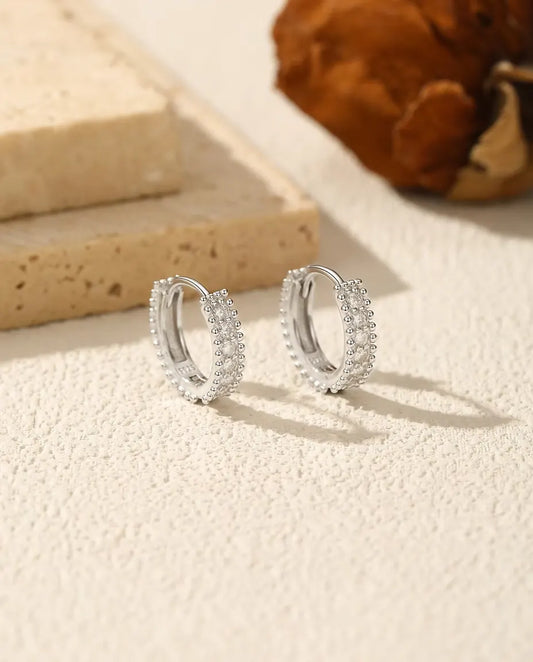 Moissanite beaded huggie hoop earrings in 925 sterling silver, 12 mm