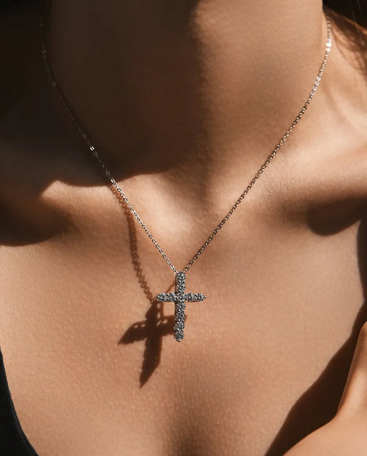 Moissanite cross necklace in 925 sterling silver, D colour pave cross pendant for women