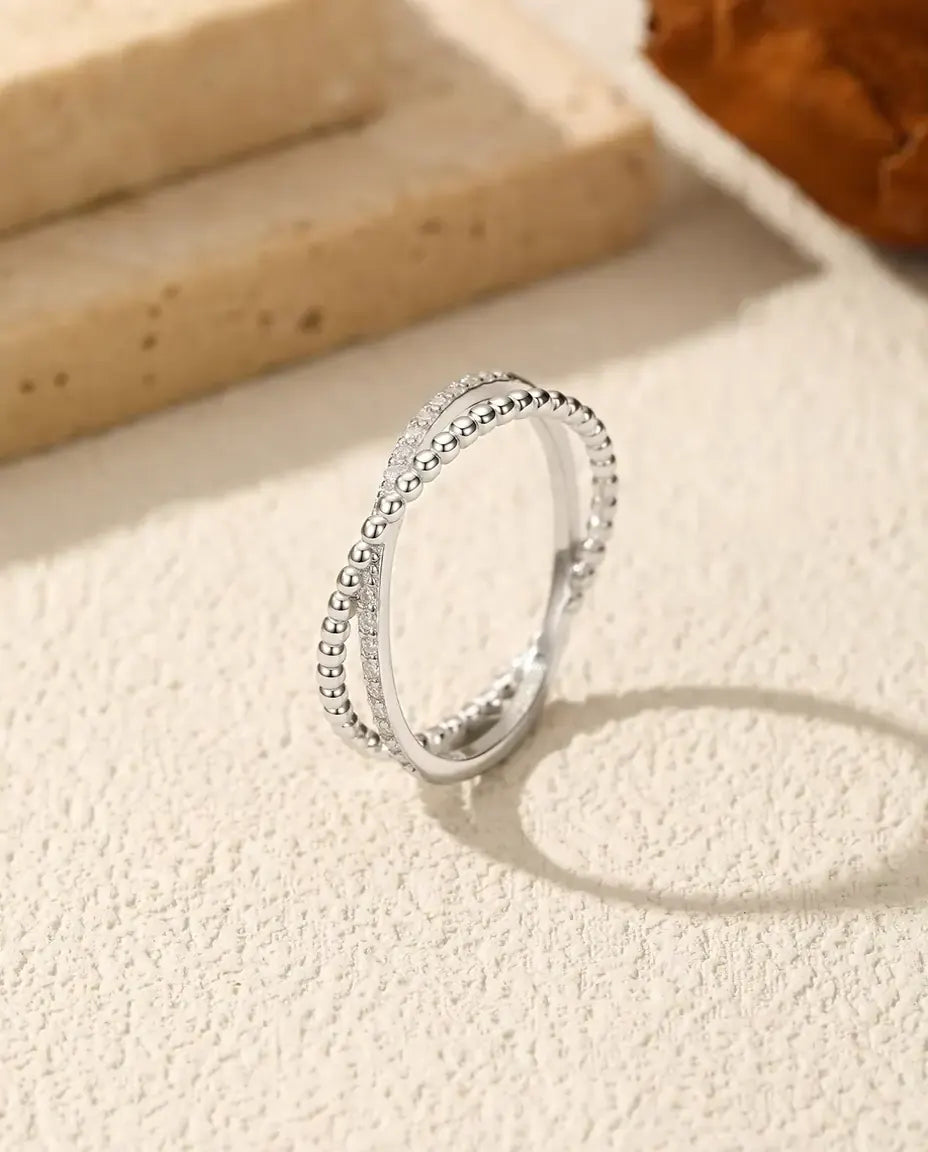 Moissanite Crossover Ring – Beaded Band Crossing a Pave Band in 925 Sterling Silver, Dainty Stacking Ring, Sizes 5-9
