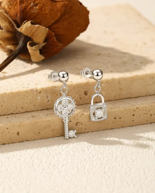 Moissanite key and lock mismatched drop earrings in 925 sterling silver