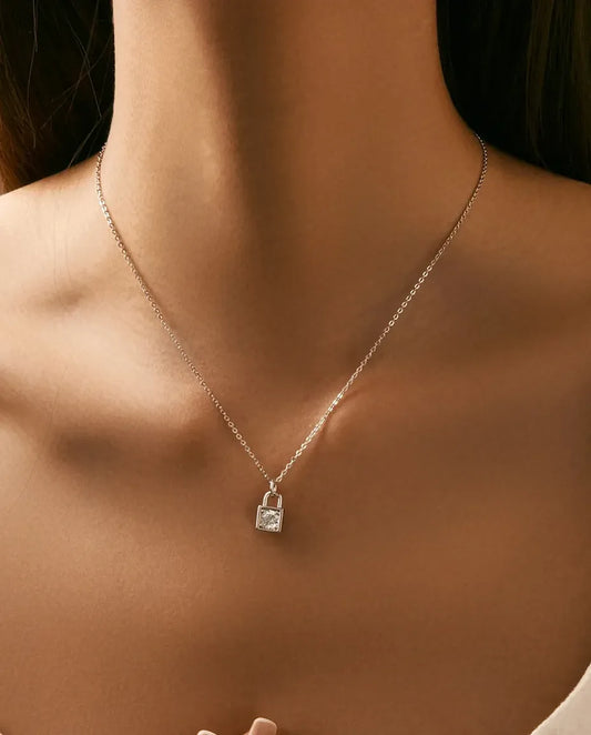 Moissanite Lock Pendant Necklace – 0.5ct D Colour Padlock Charm in 925 Sterling Silver