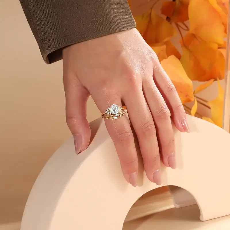 Moissanite Wedding Ring Set Oval Shaped 18K Yellow Gold