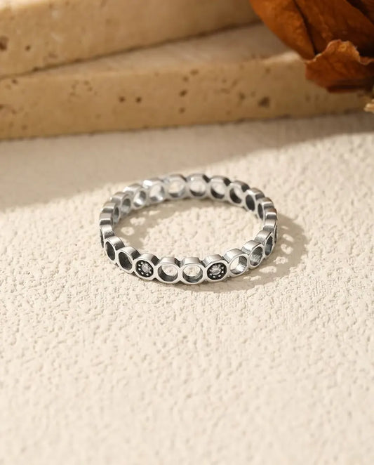Moon phase eternity ring with moissanite in oxidised 925 silver