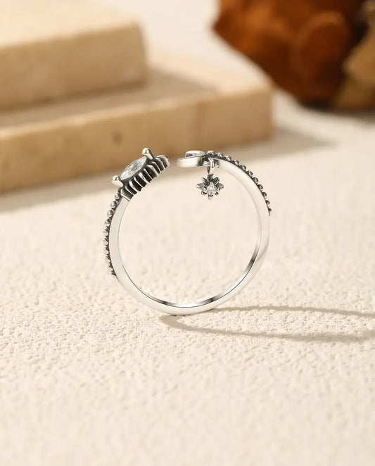 Moon and star open ring in oxidised 925 sterling silver