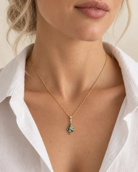 Moss Agate Necklace - worn on a model