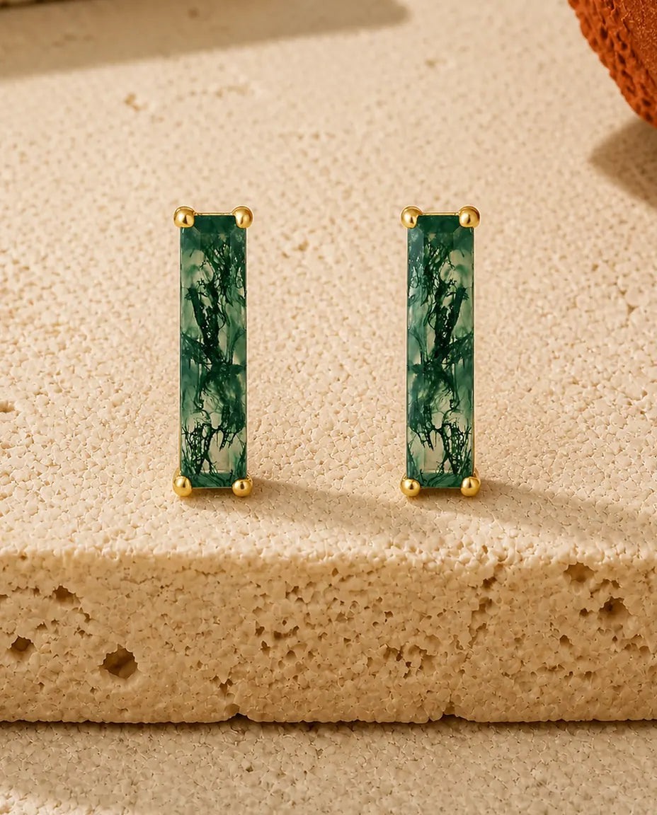 Moss Agate Bar Stud Earrings
