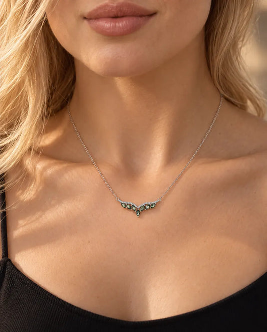 Moss Agate Chevron Necklace in 925 Sterling Silver - worn on a model, close-up at the collarbone