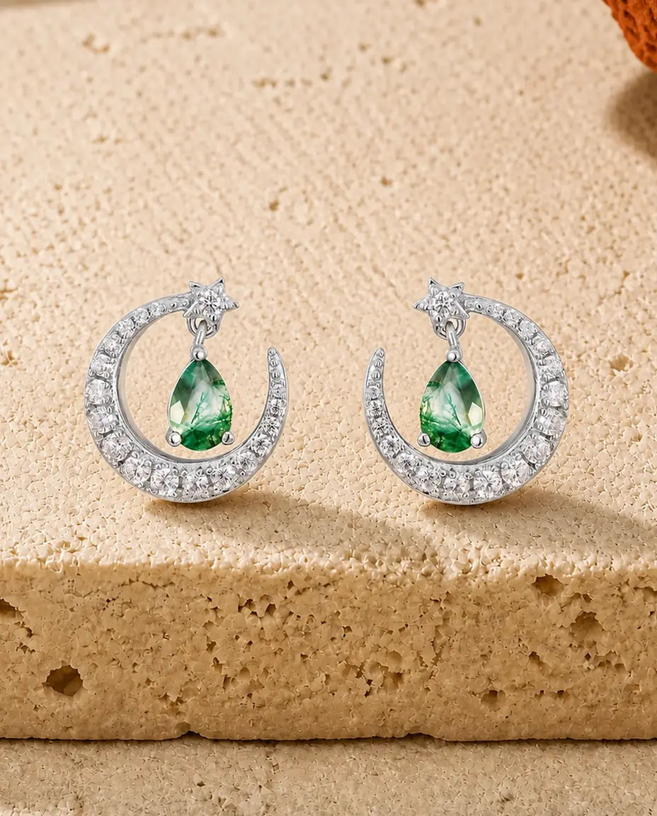 Crescent moon moss agate drop earrings