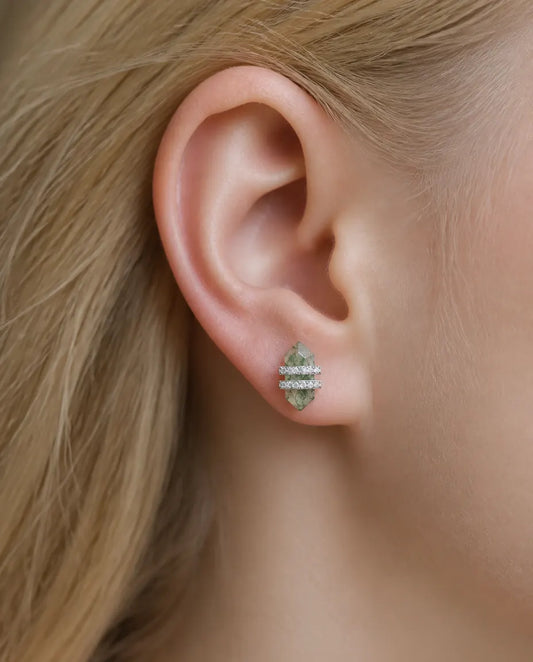 Double point green moss agate stud earrings with pave cubic zirconia bars in 925 sterling silver