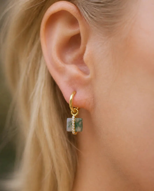 Moss Agate Huggie Hoop Earrings