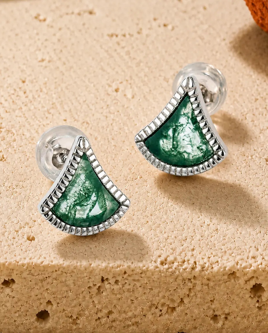 Fan-shaped moss agate silver stud earrings