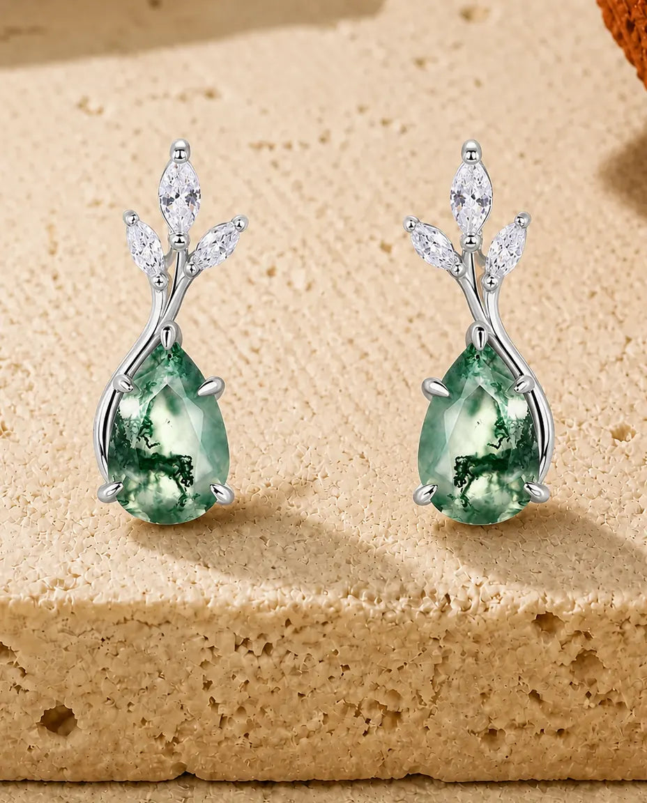 Moss agate leaf spray drop earrings