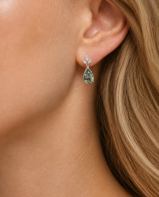 Moss agate leaf spray drop earrings