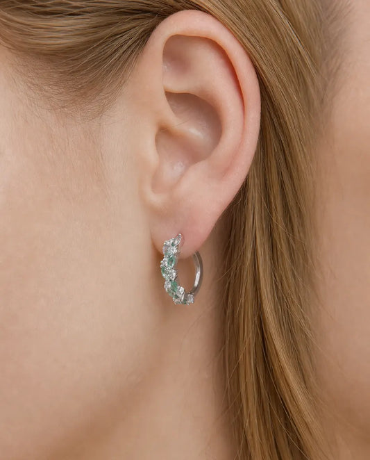 Marquise moss agate and cubic zirconia huggie hoop earrings in silver