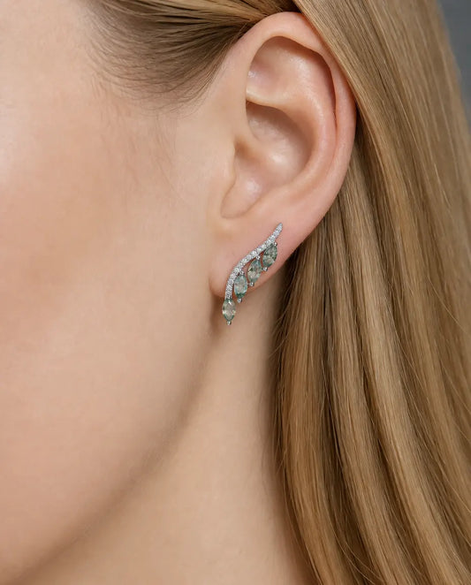 Moss agate marquise ear climber earrings in silver